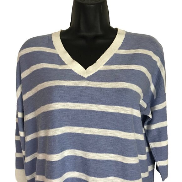 Vince 100% Cotton Blue & White Striped V-neck  Sweater Size M - Picture 3 of 7